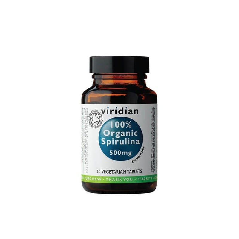 Maisto papildas SPIRULINA „100% Organic Spirulina 500 mg“, VIRIDIAN, 60 tablečių