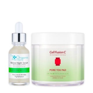 Anti-aging, skaisčios ir švytinčios odos rinkinys veidui „Retinolio serumas“ ir „Pore Tox Pad“