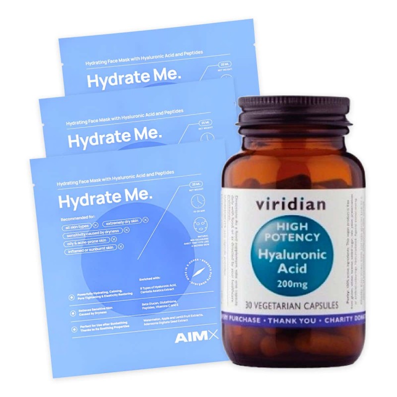 Rinkinys odos drėgmei ne tik iš išorės, bet ir iš vidaus: AIMX „Hydrate Me“ (3vnt) ir „High Potency Hyaluronic Acid 200mg“