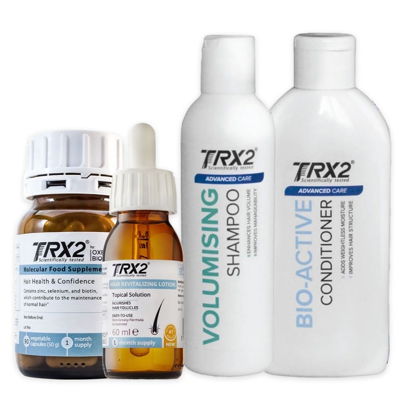 Rinkinys “MAX plaukų priežiūra”: TRX2 maisto papildas plaukams, losjonas plaukų šaknims, šampūnas ir kondicionierius
