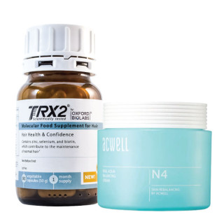 Rinkinys odos drėgmei ir stipriems plaukams: ACWELL Real Aqua kremas ir TRX2 maisto papildas plaukams